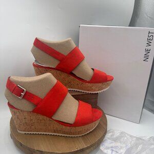 Nine West Sandals "Dina 2" Women's Size 9.5 Red Orange Coral fabric Wedge Sandal